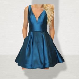 Sherri Hill Deep Illusion V Neck Flare A Line Blue Metallic Mesh Dress